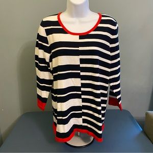 NWT Alison Sheri Black & White Strip Red Scoop Neck Pullover Sweater 3/4 Sle…